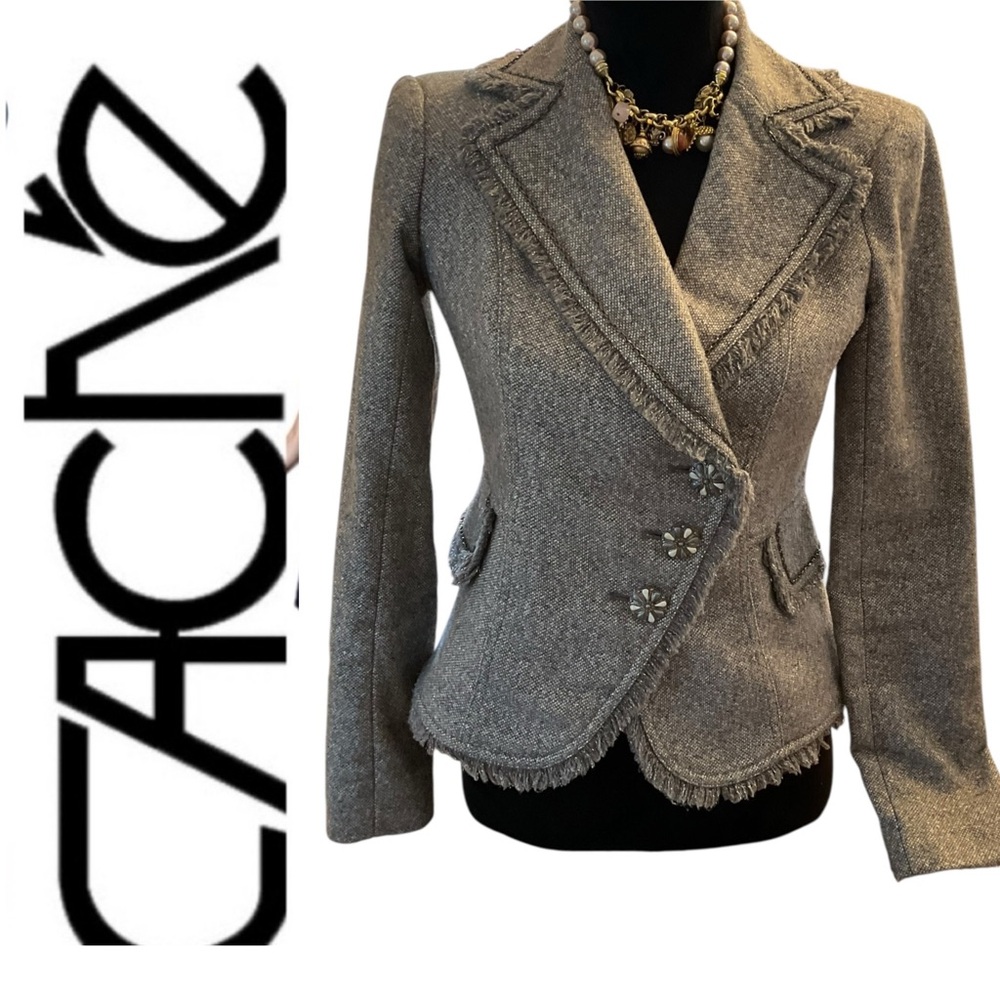 Cachet Women's Gray Fringed Tailored Blazer Jacket